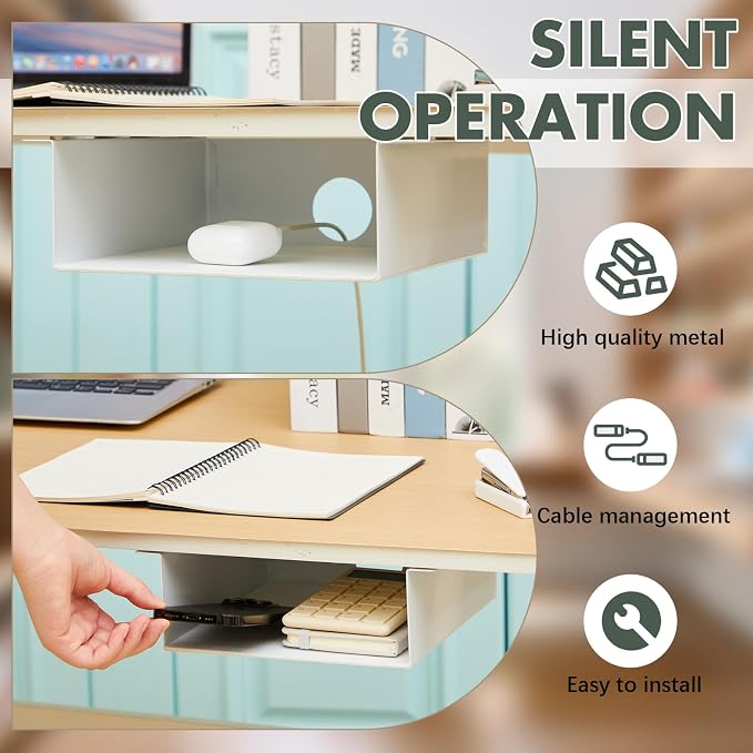 Yaocom 2 Pack Under Desk Hanging Shelf, Carbon Steel Storage Tray with Mute Felt Sheets, Mount Shelves Organizer for Office Home Workstation Gaming Desk Stand up(7.5x8x2.8 in/Storage Shelf,White) - Image 4