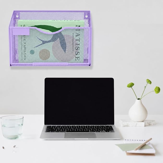1 Pocket Mesh Wall File Holder Organizer Office Hanging File Folder Magazine Rack, Nametag Label Hooks Set Included (Purple) - Image 7