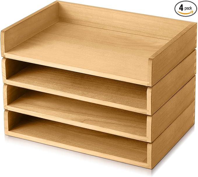 Yeaqee 4 Pcs Stackable Paper Organizer Tray Wood Desk Organizer Letter Tray Desktop Letter Size Office Wooden Desk Shelf Paper Holder Folder Organization Rack for Mail File Document(Light Wood Color) by Yeaqee