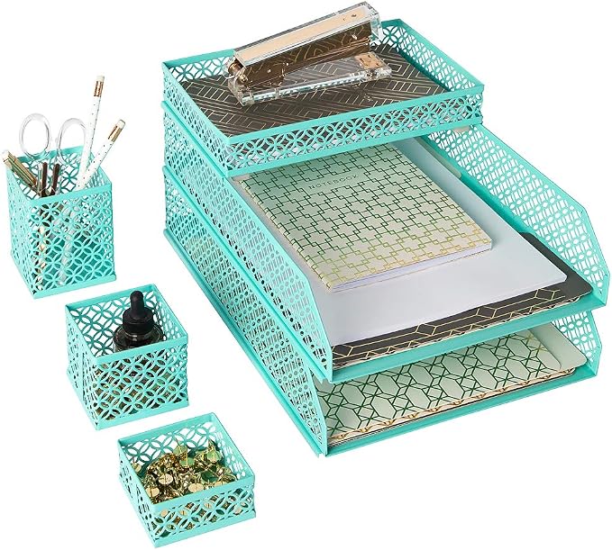 BLU MONACO | Aqua Desk Organizer Set for Women 6 Piece | Mail Sorter Organizer Countertop with Letter Sorter for Desk | Standing File Organizer with Mesh Pen Holders by Blu_Monaco