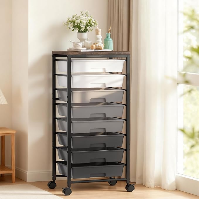 Rolling Cart with 8 Drawers, Plastic Drawer Storage Carts with Wheels & Wooden Tabletop, Metal Utility Cart Organizer for Bedroom Living Room Office Classroom Craft Organization and Storage, Grey by TimeForest