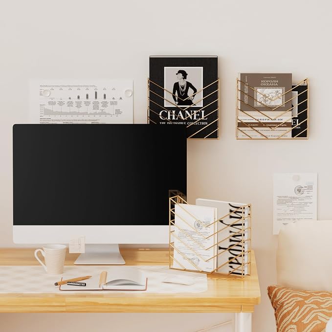 CROISSANT Black Wall Mounted File Organizer,Metal Magazine Basket, Concave Wall Mounted Magazine Rack, Suitable for Hanging File Folders for Office Living Room (Golden, 4 Pack) - Image 6