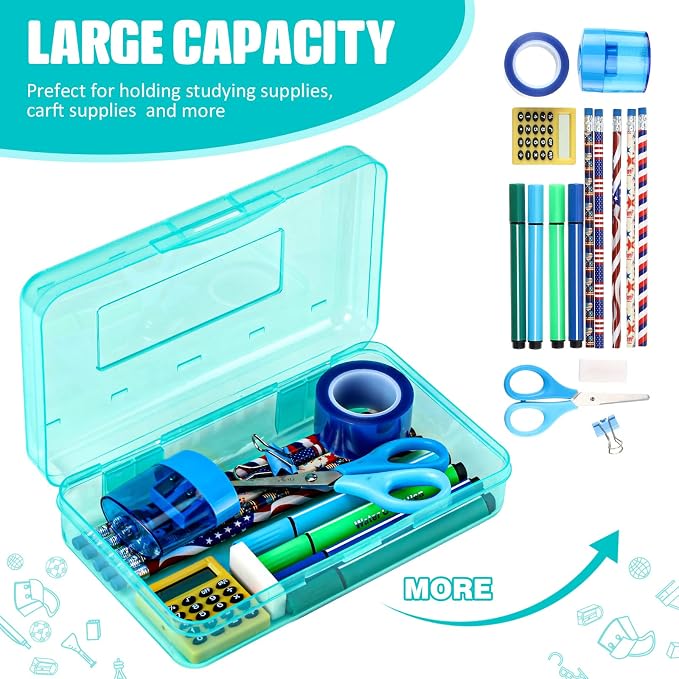 Fainne 24 Pack Pencil Boxes for School Clear Plastic Pencil Case Large Plastic Crayon Box Bulk Stackable Classroom Stationery Organizer School Supplies(Cyan) - Image 4