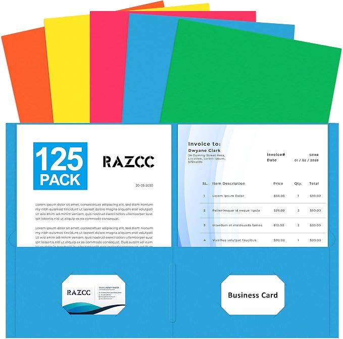 Two Pocket Folders, RAZCC 125 Pack File Folders with Pockets Fit Letter Size Paper, Thick Paper File Folder for School Office Business Home, Assorted 5 Colors by RAZCC
