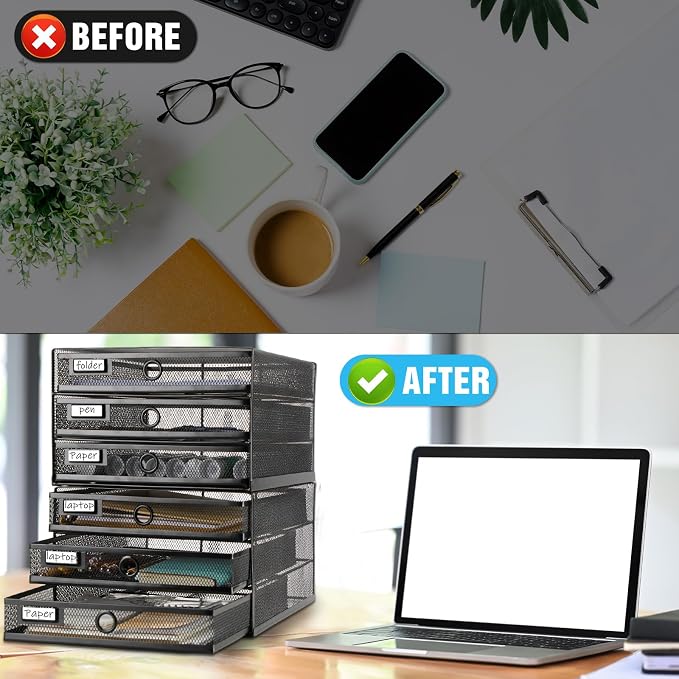 Zhanmai 2 Pack Black Desk Organizer with Drawer Total Wire Mesh Storage Tray Multifunctional Paper Sorter File Stand for Home Office Supplies Letter A4 Paper Office Accessories Back to School (3 Tier) - Image 6