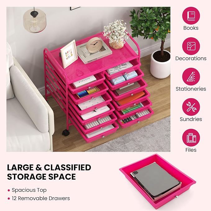 Giantex 12 Drawers Rolling Cart, Mobile Storage Drawer Cart, Classroom Organizer Cart for Office School Supplies Tools Scrapbook Paper Craft Small Printer, Utility Cart on Wheels, Hot Pink - Image 7