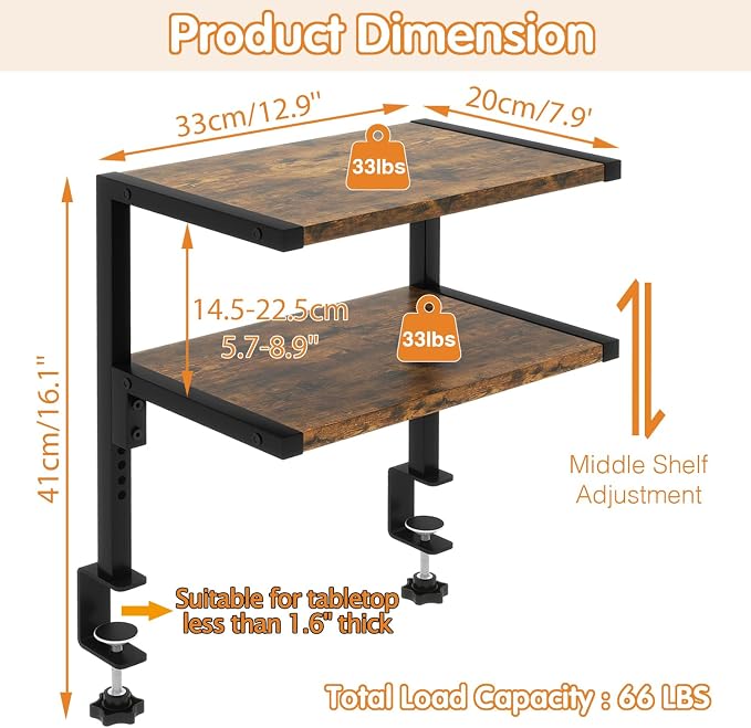 IBUYKE Clamp on Desk Organizer Shelf,Desk Extender Shelves TMZ007H | 12.9 inches,2-Tier Adjustable Storage Shelves, Above or Below Desk, for Desktop Accessories,Brown - Image 2