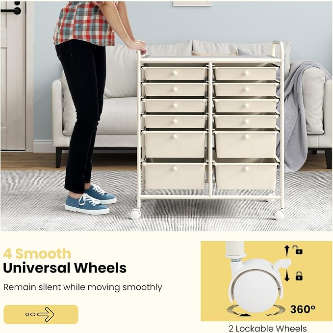 COSTWAY 12-Drawer Rolling Storage Cart, Moveable Art Craft Organizer | Lockable Wheels, Metal Shelf, Files Arrangement Tools Makeup Storage Cart for Office, Home, School (White) - Image 5
