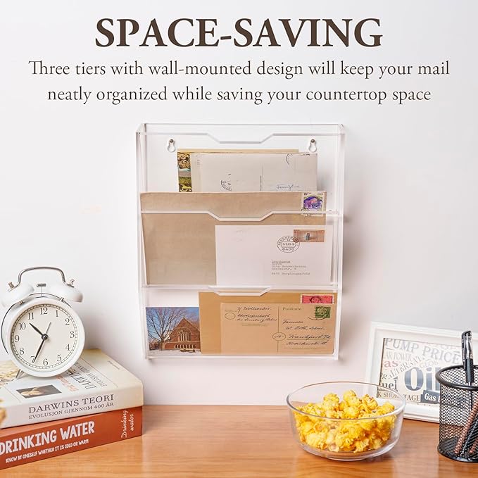 MyGift 3 Tier Acrylic Mail Sorter Wall Mounted Letter Holder Rack | Three Tier Design, Clear Acrylic Construction, Wall Mount Storage, Paperwork Organization, Entryway & Office Solution - Image 2