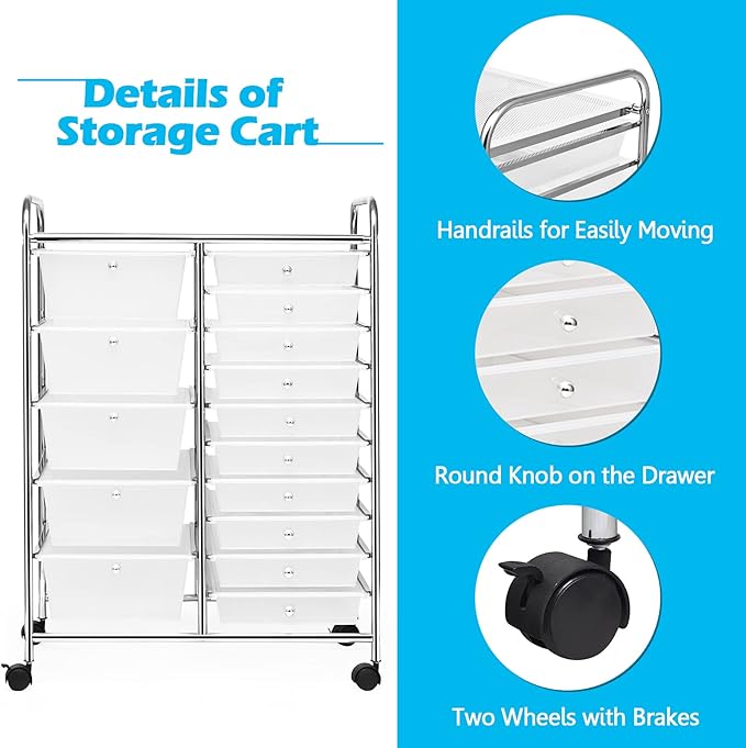Moccha 15-Drawer Rolling Storage Cart - Under Desk Storage Drawers with wheels for Craft Art Supply Paper Salon, Scrapbook Paper Tools, Mobile Utility Cart for Classroom (15 Drawers, Clear) - Image 6