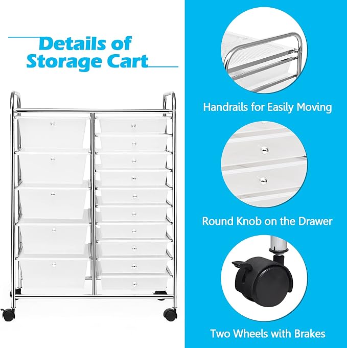 GOFLAME 15-Drawer Rolling Storage Cart, Craft Storage Cart with Removable Drawers & Lockable Wheels, Art Cart Supply Storage Organizer for Home Office Classroom, Clear - Image 5
