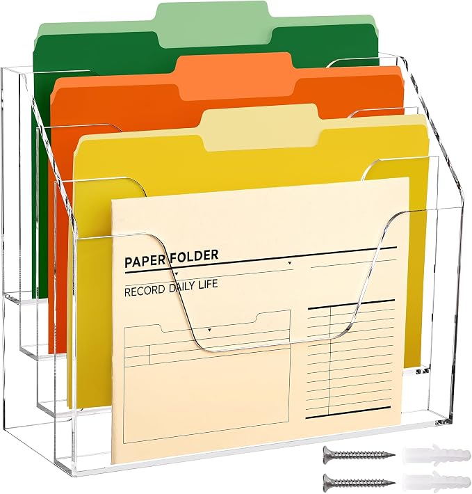 DINGHUO Acrylic Desk File Mail Organizer Wall Mounted, 4-Tier Hanging File Folder Holder, Clear Office Magazine Rack (Adhesive Hooks x 2) by DINGHUO
