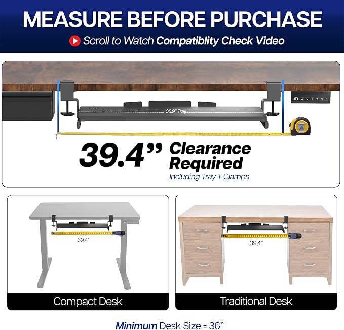 VIVO Vintage Brown Large 34 x 11 in Under Desk Keyboard Tray, MOUNT-KB15EN | Keyboard Tray for Typing, Slide Out Platform, Rustic, Extra Sturdy C-Clamp Mount System, Computer Drawer, Black Frame - Image 4