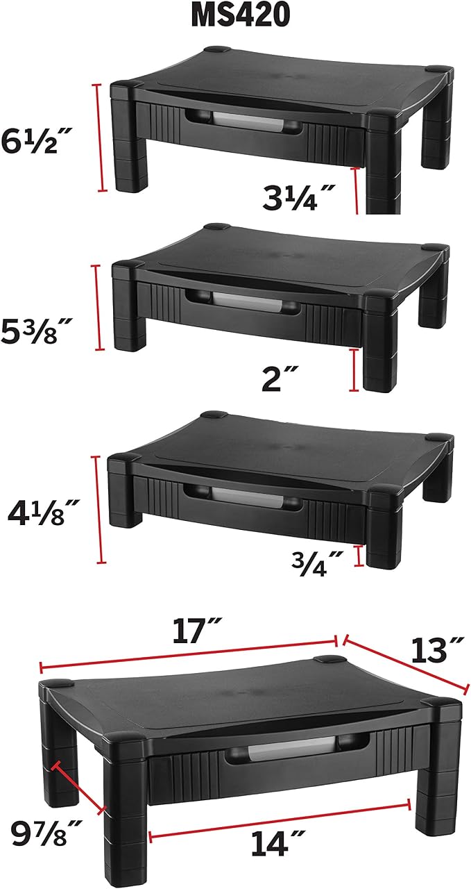 Kantek Monitor Stand With Drawer, 17" X 13.25" X 3" To 6.5", Black, Supports 50 Lbs - Image 2