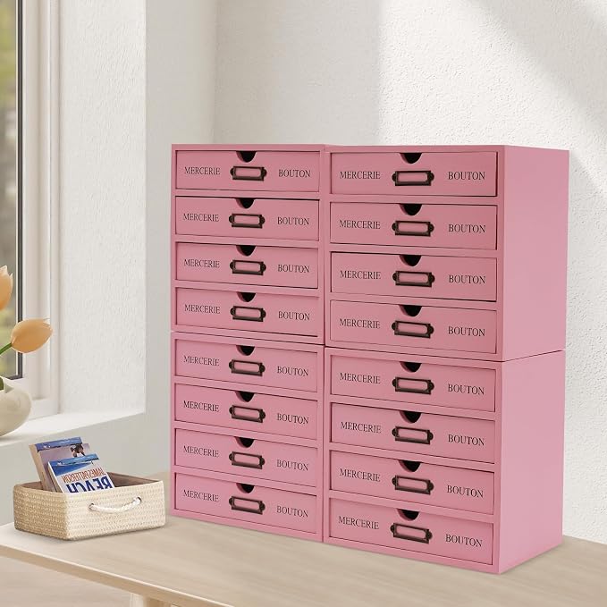 4PCS Vintage Wooden Drawer Organizer, 16-Drawer Stackable Storage Cabinet | Solid Pine Wood | 4-Tier | 35 Lbs Capacity | Iron Label Holders | Fully Assembled | For Office, Home, Craft Room (Pink) - Image 2