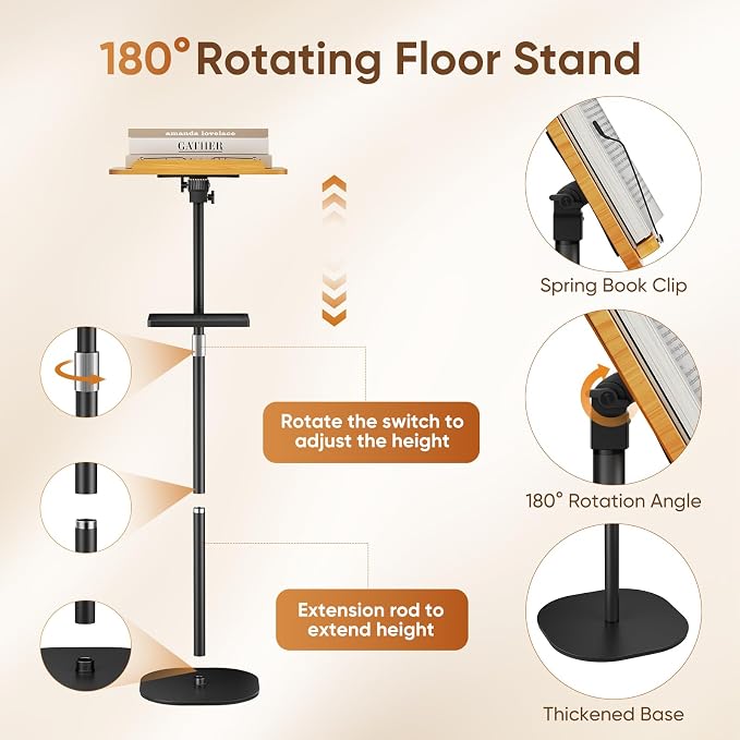 2 in 1 Adjustable Floor Book Stand & Music Stand with Removable Tray, 19.7" to 51.2" Foldable Reading Book Holder with Page Clips for Laptop, Cookbooks, Sheet Music, Wooden Podium Stand for Projector - Image 5