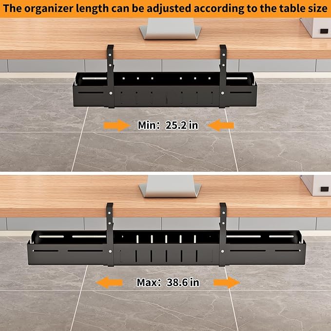Under Desk Cable Management Tray, Expandable Length 25.2"-38.6",No Drill No Damage to Desk,Cable Tray with Clamp for with Wire Management,for Cord Organizer for Home Office Standing Desk, Black - Image 3