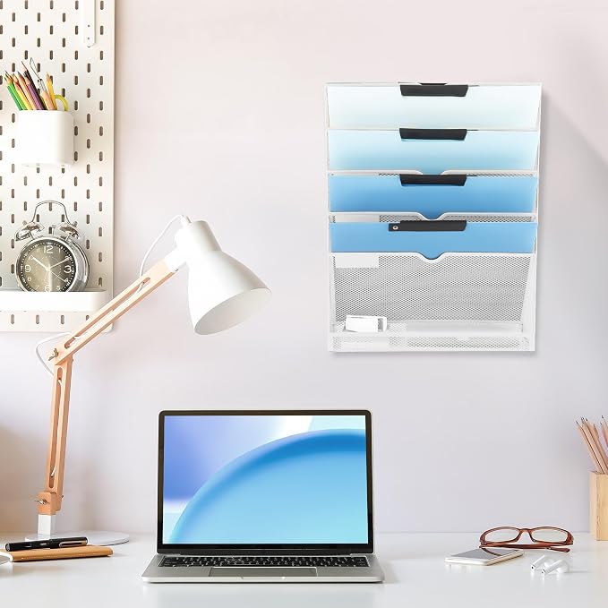 6 Tier Mesh Hanging Wall File Organizer, Desk Vertical Mail Paper Document Folder Holder Rack with Bottom Tray and Nametag Label for Office Home School, White - Image 6