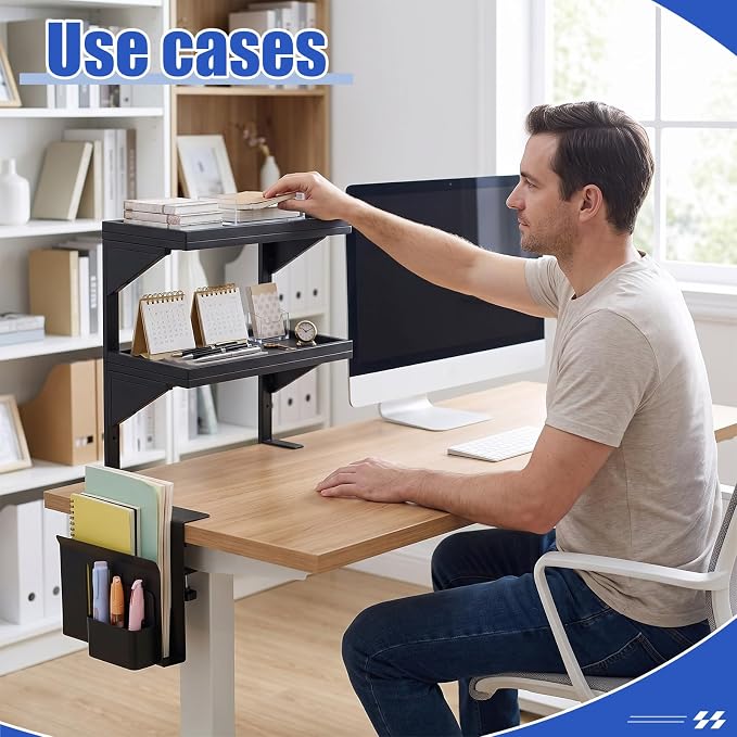 Chumia 2 Tier Clamp on Desk Clamp on Laptop Mount with Pen Holder Desktop Shelves Organizer Desktop Organizer Desk Organizers and Accessories Table Extender Attachment Shelves for Home Office - Image 5