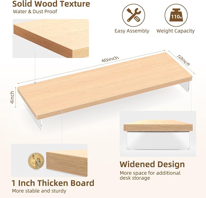 Dual Monitor Stand Riser, 40" Large Computer Monitor Stands for 2 Monitors, Wooden Desktop Organizer Shelf for Office Desk Computer, Laptop, TV, Monitor, Printer | Computer Monitor Stand Riser With Wood & Acrylic Design; Fits 2 Monitors, Laptop, Printe... - Image 3