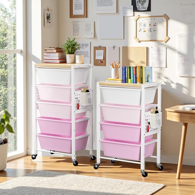 Rolling Cart with 4 Drawers, Plastic Drawer Storage Carts with Wheels & Wooden Tabletop, Metal Utility Cart with Pegboards, Office Living Room Classroom Craft Organization and Storage, Bright Pink - Image 2