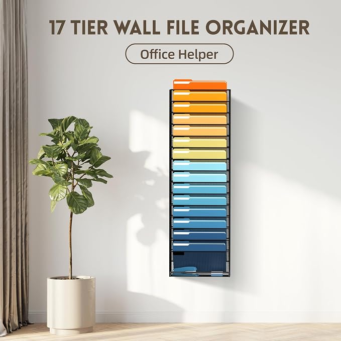 17-Tier Hanging Wall File Organizer with Hooks for Office Organization | Mesh Wall File Holder, Mail Organizer Wall Mounted for Papers, Documents, Folders and Magazines in Home Office, Classroom - Image 2