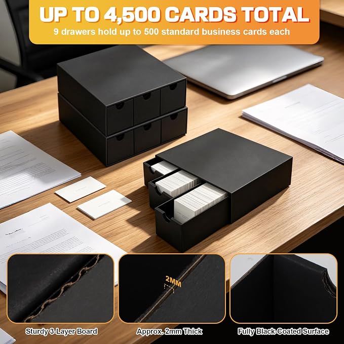 Business Card Storage Box 3 Pack, Stackable Business Card Organizer with 9 Pull-Out Drawers and Labels, Holds Up to 4500 Cards, Black Corrugated Desktop Filing Boxes - Image 7
