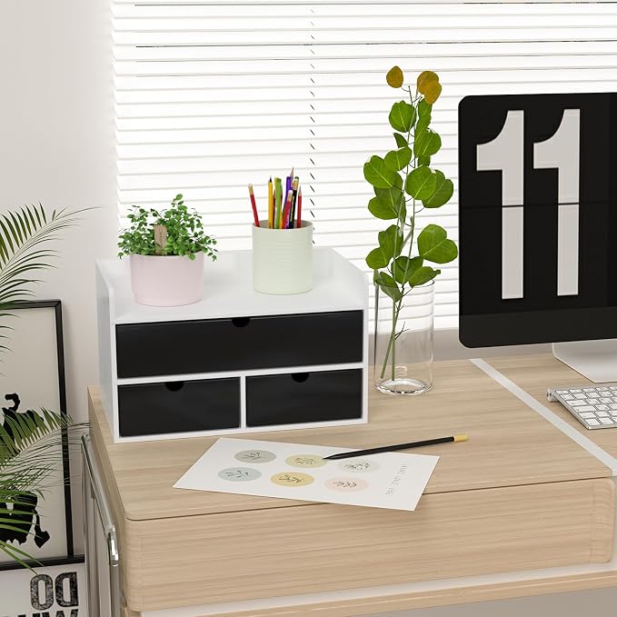 Bamboo Desk Organizer with Drawers, Desktop Storage for Office Supplies | 3 Drawers Desktop organizer, No Assembly Required, Natural Wood Wooden Desktop Drawers Box for Bills, Cosmetics, Seals, Paper - Image 2