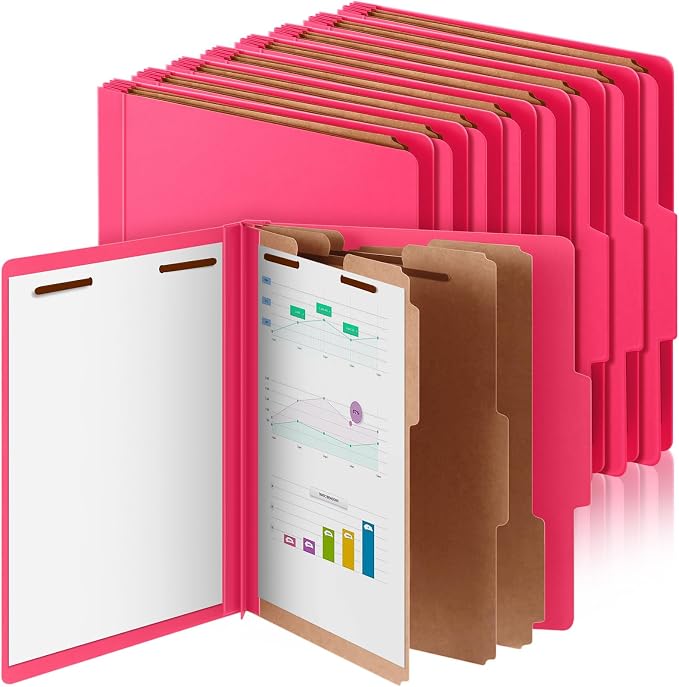 AmazingSpark 12 Pcs Classification Folders Letter Size Bulk 3 Divider Pressboard File Folder with Expansion 2 Prongs Fastener Heavy Duty Office File Organizer for School Project Document(Hot Pink) by Unknown
