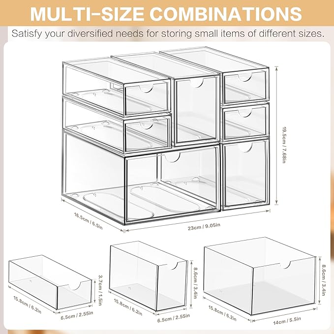 Desk Organizer with 7 Drawers, FODIENS 7 Packs Acrylic Stackable Desktop Storage Drawers Makeup Organizer, Clear Craft Storage Box Cabinets for Office Vanity Countertop Bathroom Bedroom - Image 2