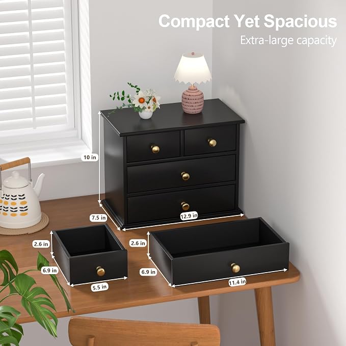 Oak Desk Organizer with Drawers, Durable Wooden Desktop Storage Box | 4 Drawer Tabletop Organizer with Metal Handles & Non-Slip Pads for Office, Bedroom, Bathroom, Vanity & Makeup Storage, Black - Image 2