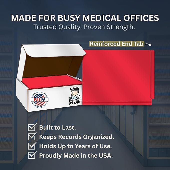 Red File Folders, USA Made, Doctor Stuff, Two 2" Bonded Fasteners, Durable 11pt, Reinforced End Tab, 2 Prongs, Colored Office & Medical Charts and Patient Chart, Box of 50 - Image 8