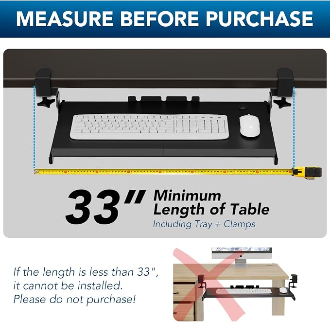 Keyboard Tray Under Desk Pull Out with Extra Sturdy Adjustable C Clamp Mount System, 27.3 (32.5 inch Including Clamps) x 11 Inch Slide-Out Platform Computer Drawer for Typing, Black,AX01WB01 - Image 5