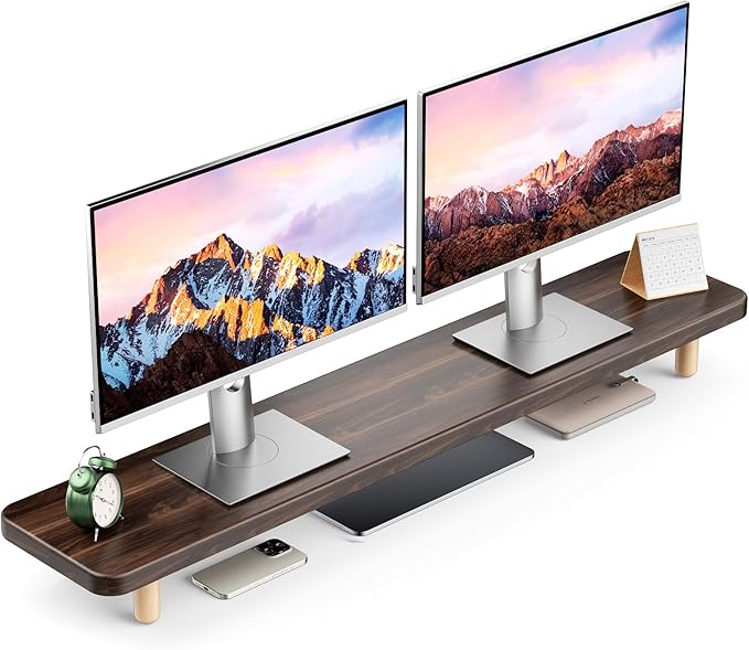 Dual Monitor Stand Riser, 39 Inch Extra Long Wooden Desktop Monitor Riser with Storage for 2 Monitors Ultra Strong Desk Shelf Organizer Riser Ergonomic for 2 Screens/Laptop/PC/TV/Printer (Dark Walnut, 39inches) by NestNeatHome