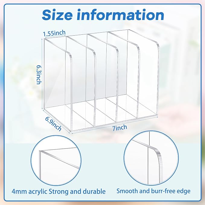 Suzile Clear Acrylic Magazine File Holder with Vertical Compartments Desk Organizer Book Rack for Desk Sorter Paper Folder Office Accessories(Stylish,7 x 6.9 x 6.3 Inch) - Image 2