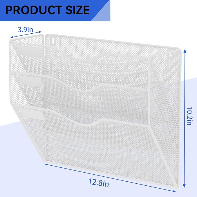 3 Pockets Hanging Wall File Organizer Mail Holder, Wall Mounted Paper Document Folder Holder, Clipboard Storage Organization Magazine Rack, White - Image 3