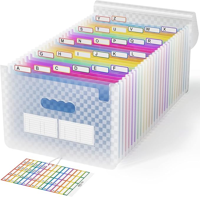 ABC life 26 Pockets Accordion File Organizer, Expanding File Folder, Blue | Portable Monthly Paper Bill Tax Receipt Organizer, Letter A4 Size Document Organizer with Labels, for School, Office, Home by ABClife