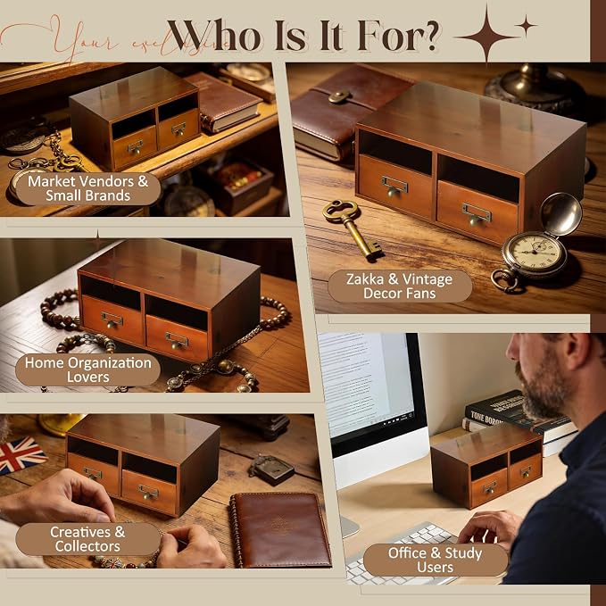 4-Pack Wide Wooden Desktop Drawer Organizer with Brass Label Holders - Horizontal Storage for Long Desks, Counters, Shelves, Stackable Card Catalog - Solid Wood Small Item Organizer for Office & Home - Image 7