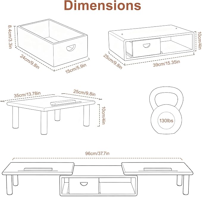 Dual Monitor Stand Riser with Drawer for Desk Laptop | Desk Shelf with Adjustable Length and Angle, Bamboo Computer Stand Riser for 2 or 3 Monitors Screen Laptop PC TV Brown - Image 7
