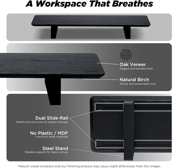 Moodular Wooden Monitor Stand Desk Organizer, Standard 33.4" Black | Customizable Organized Workspace, Aluminum Slide Rails, 10 Add-Ons Sold Separately: Storage Drawer, Tablet, Phone & More - Image 3