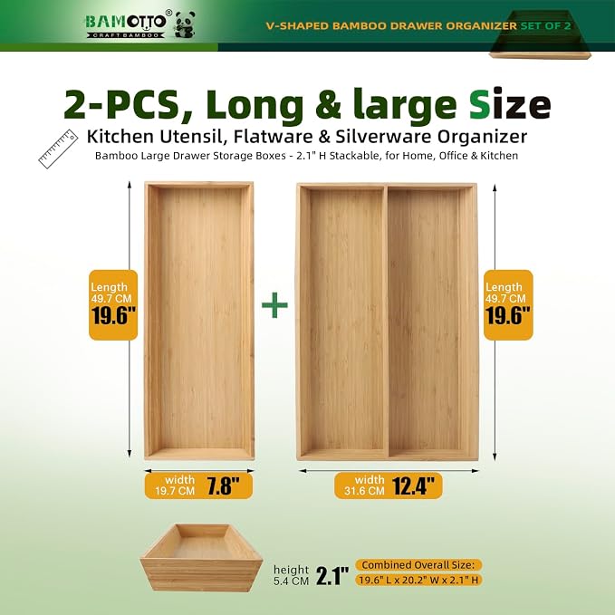 BAMOTTO CRAFTBAMBOO Long V-Shaped Bamboo Drawer Organizer Set of 2 | Silverware & Cutlery Tray | Flatware & Utensil | Kitchen & Bathroom | Narrow Fit | 19.6"×12.4" & 19.6"×7.8" - Image 2