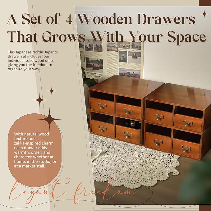 4-Pack Wide Wooden Desktop Drawer Organizer with Brass Label Holders - Horizontal Storage for Long Desks, Counters, Shelves, Stackable Card Catalog - Solid Wood Small Item Organizer for Office & Home - Image 5