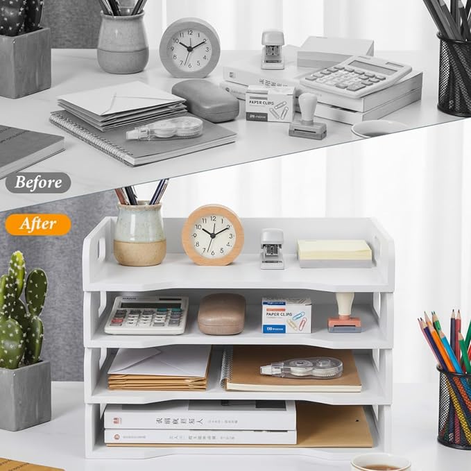Wooden Stackable Paper Trays 4-Tier Wooden Paper Organizer for Desk Letter Documents Woodens Desktop File Organizers for Desktop File Holder and Office Supplies Rack for Home Office Use(White) - Image 4