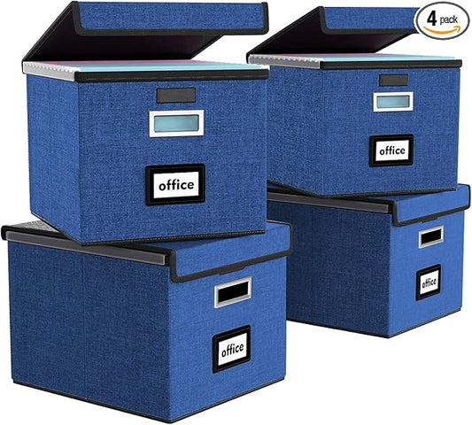 File Organizer Box with Lids, Collapsible File Folder Organizer | File Box with Plastic Slides for Document, Filing Bin for Letter Size Hanging File Folders (4 Pack, Royal Blue) by Huolewa