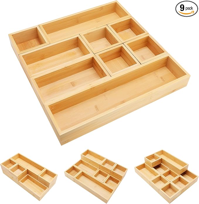 MapleGrace Bamboo Drawer Organizer Set, 9 PCS Wood Storage Organizers | Multi-Use Junk Drawer Divider, Storage Trays Containers for Kitchen, Bathroom, Office Desk, Makeup, Jewelry, Utensils by MapleGrace