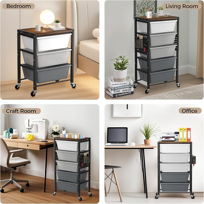 Rolling Cart with 4 Drawers, Plastic Drawer Storage Carts with Wheels & Wooden Tabletop, Metal Utility Cart with Pegboards, Office Living Room Classroom Craft Organization and Storage, Dark Grey - Image 6