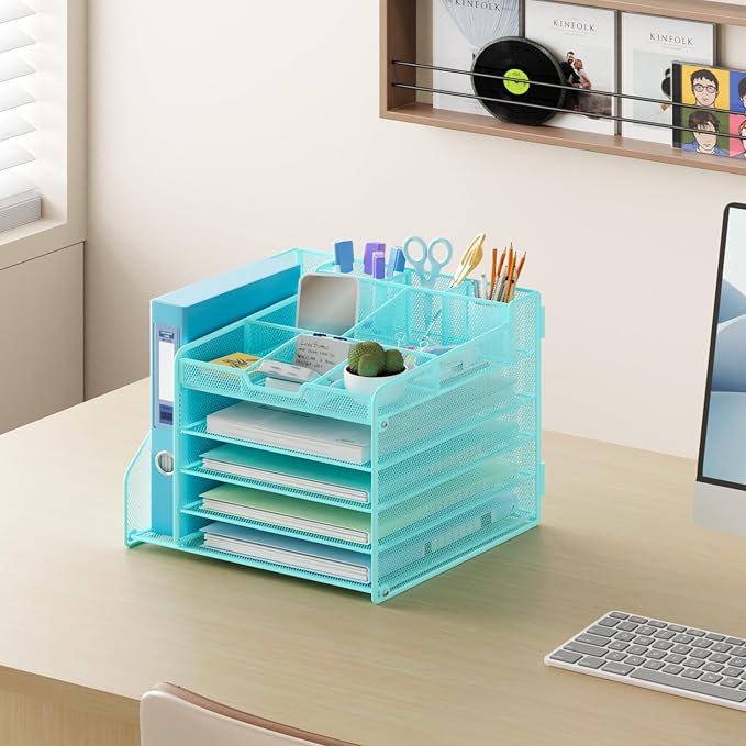 Lavatino 5-Tier Metal Mesh Desk Organizer with File Holder & 7 Customizable Compartments | Paper Letter Tray for Office or Home Desk Storage | Keep Workspace Supplies Neat & Organized, Blue - Image 5