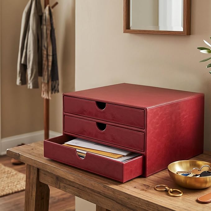 UnionBasic Document Organizer, 3-Drawer File Cabinet Document Storage Box, Office Desktop Filing Organizer, Burgundy - Image 3