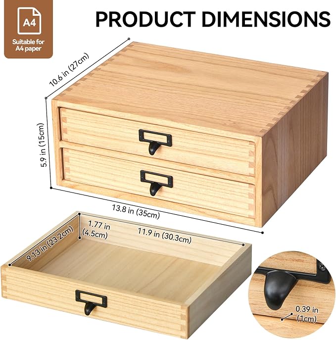 KIRIGEN Solid Wood Desk Organizer with 2 Drawers, Desktop Storage, Natural | 2-Drawer Cabinet for Printer Paper, Mail, Notebooks, and Office Supplies, 13.78 x 10.6 x 5.9 In, Fully Assembled - Image 2
