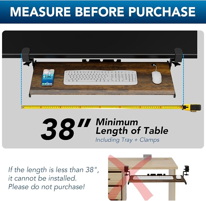 Keyboard Tray Under Desk Pull Out with Extra Sturdy C Clamp Mount System, 32.8 (38 inch Including Clamps) x 12 Inch Slide-Out Platform Computer Drawer for Typing Vintage AX01WG202 - Image 5